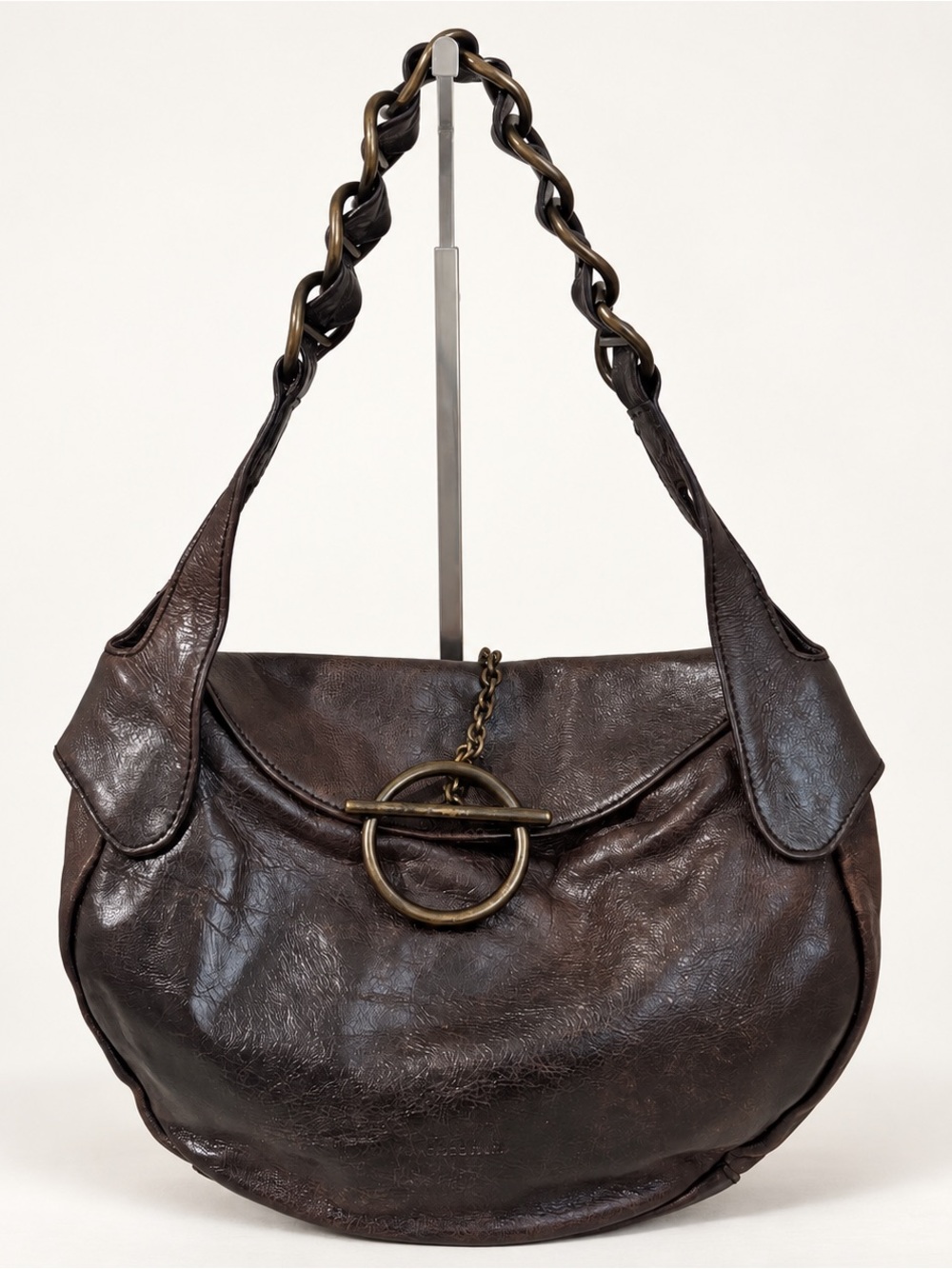 Francesco Biasia Y2k Espresso Brown Leather Hobo Shoulder Bag Chain Strap Boho